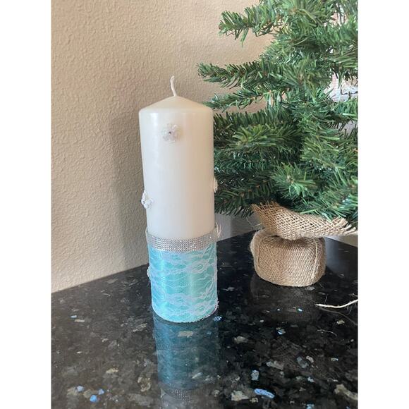 Turquoise Blue Handcrafted Pillar Candle With Butterflies - Picture 3 of 6